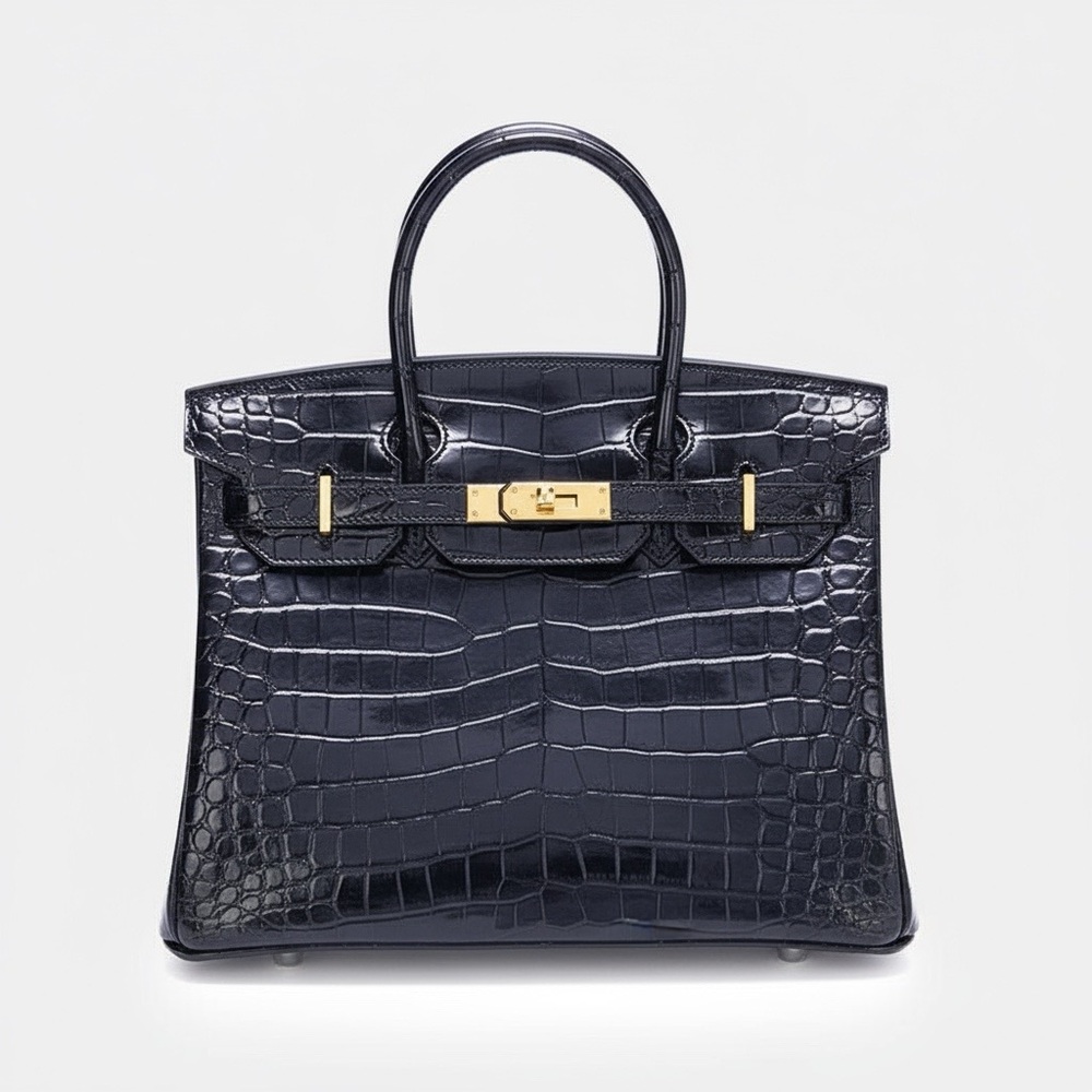 30cm Luxury Black Croc-Embossed Leather Tote Bag with Gold Hardware